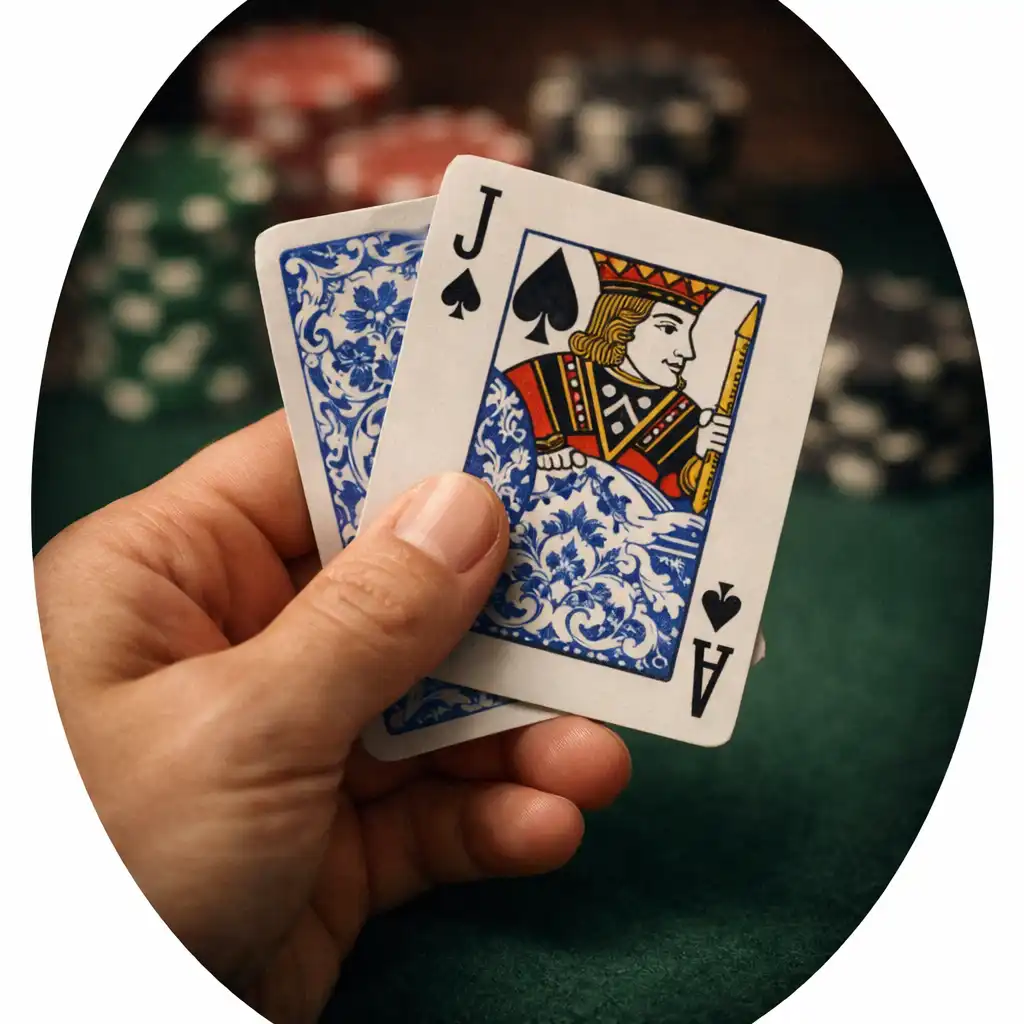 Main tenant des cartes de blackjack avec des jetons en arrière-plan