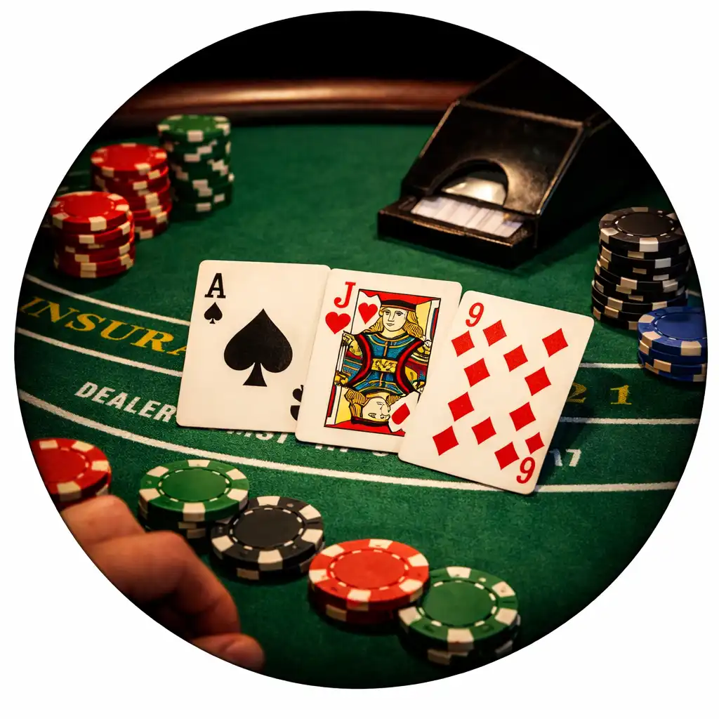 Table de blackjack physique avec cartes à jouer, jetons et tapis vert