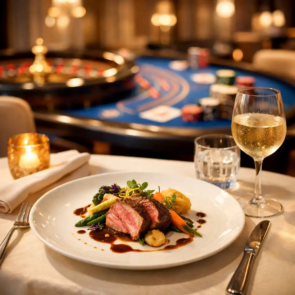 Table de restaurant élégante avec plat gastronomique et table de jeu de casino en arrière-plan flou