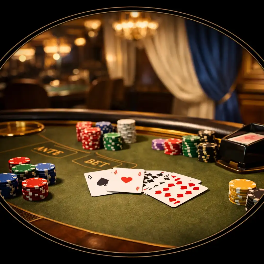 Table de jeu élégante avec cartes et jetons dans le casino de La Table Délices