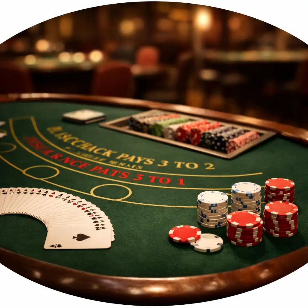 Table de blackjack physique avec un tapis vert, des cartes en éventail et des jetons en porcelaine
