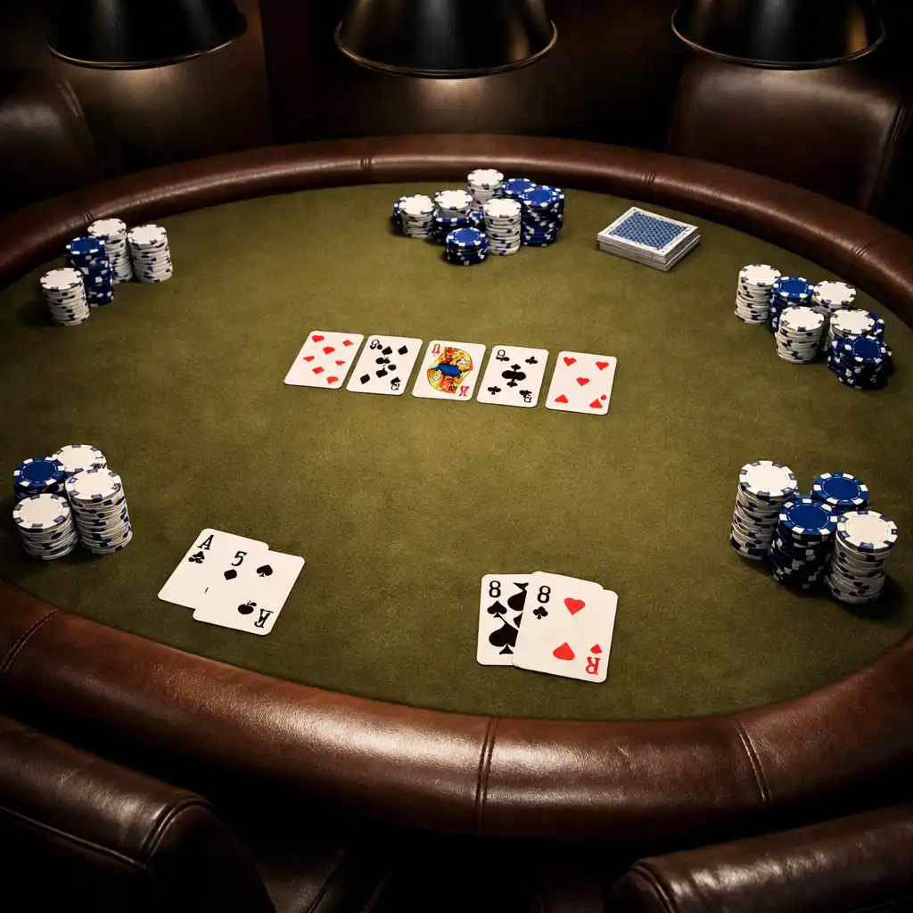 Table de poker physique avec un tapis vert olive, des cartes et des jetons en porcelaine