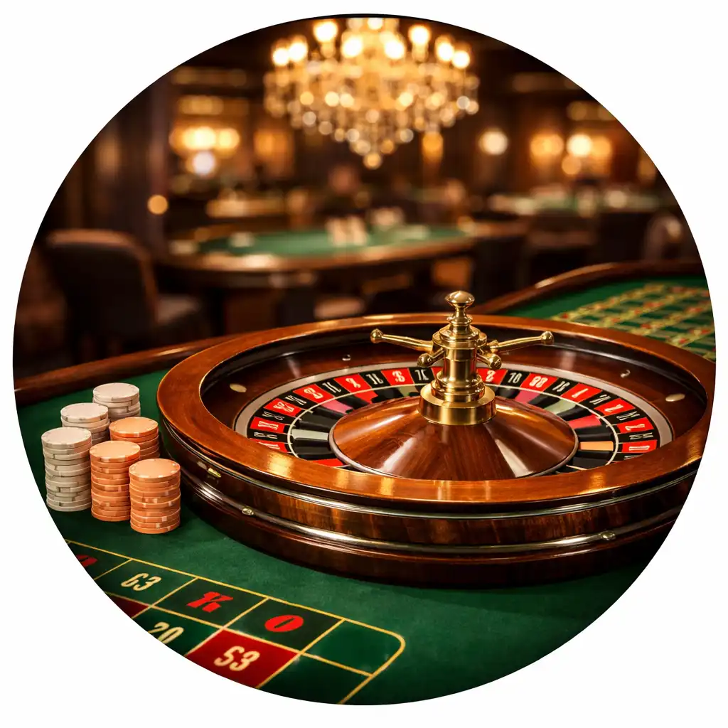 Table de roulette physique avec une roue en bois et des jetons en porcelaine