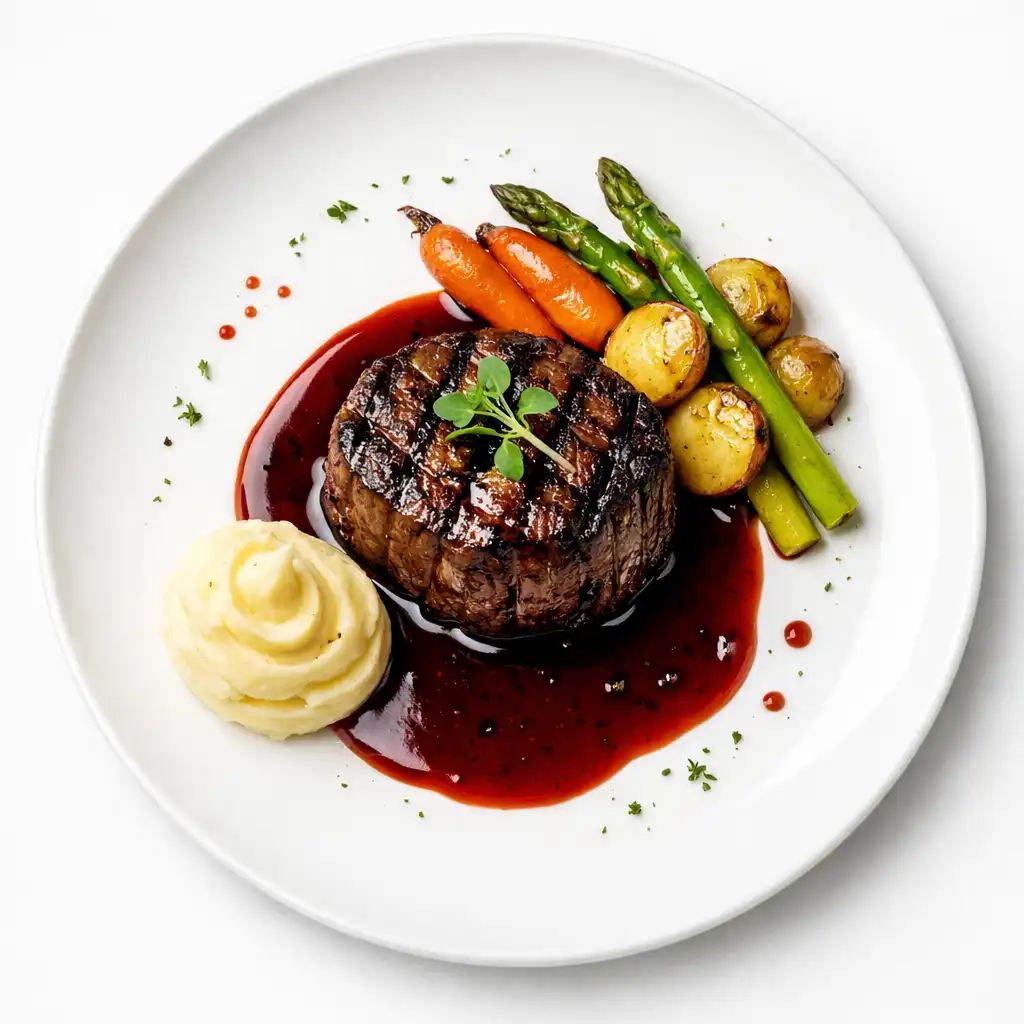 Filet de bœuf grillé, sauce au vin rouge, purée de pommes de terre et légumes rôtis