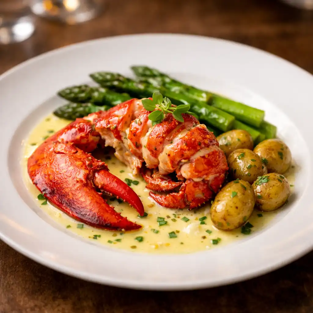 Homard rôti, beurre blanc, asperges vertes et pommes de terre grenaille