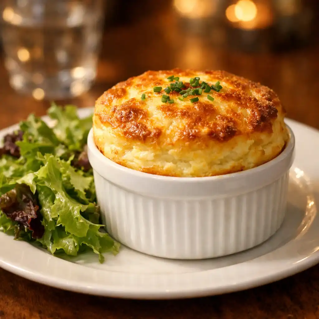 Soufflé au fromage bien gonflé et doré, servi dans un ramequin en porcelaine