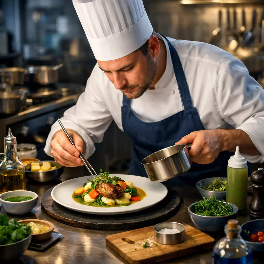 Cuisinier dressant un plat avec précision dans la cuisine