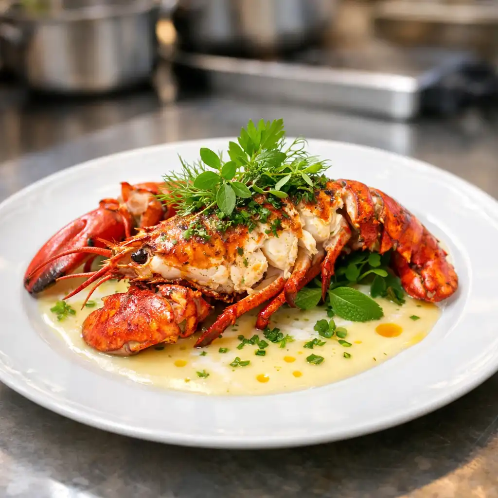 Assiette de cuisine française avec homard rôti et beurre blanc