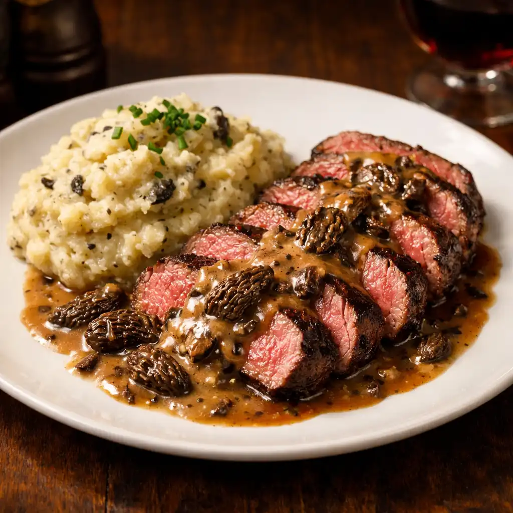 Filet de bœuf normand grillé, sauce aux morilles et écrasé de pommes de terre à la truffe