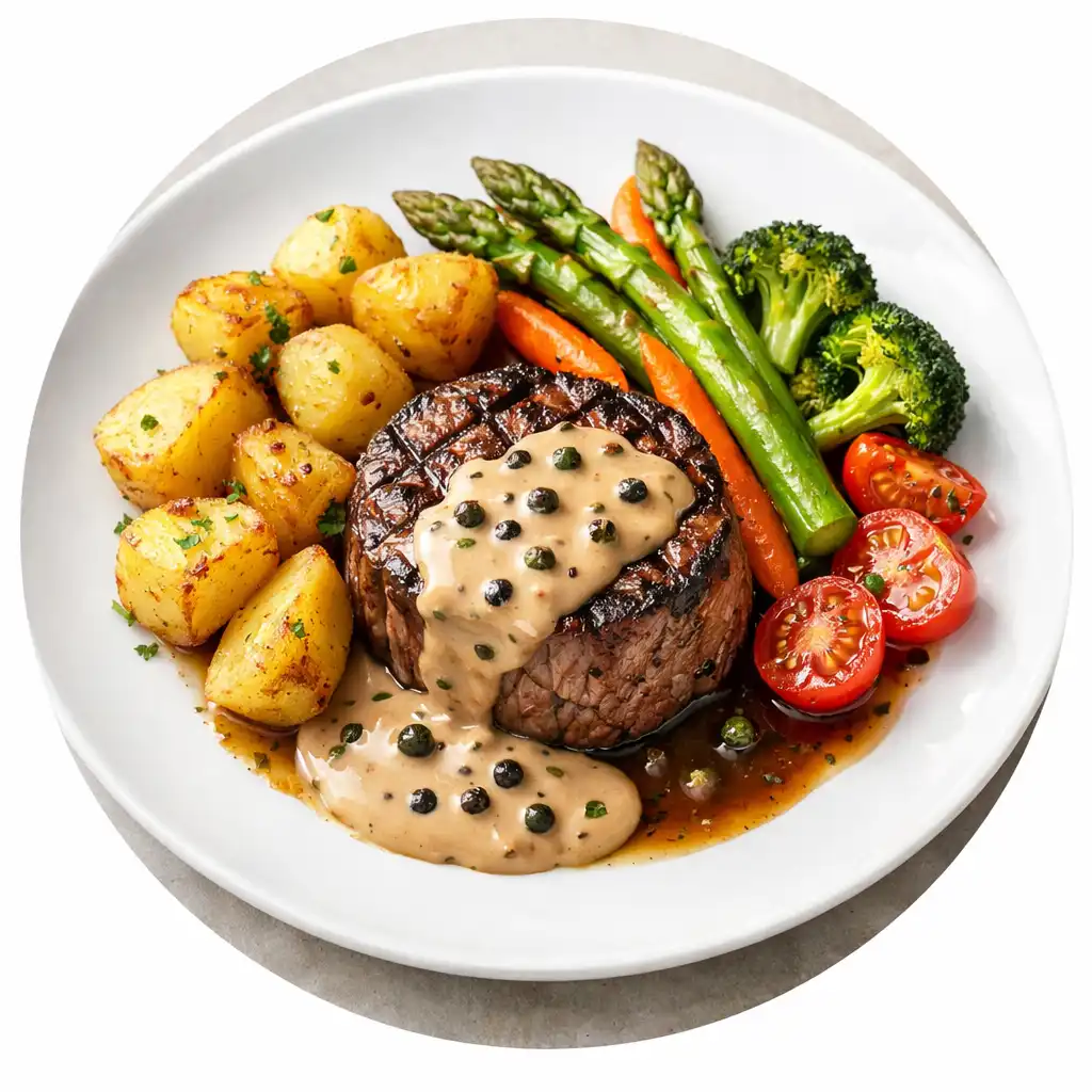 Filet de bœuf sauce au poivre avec pommes de terre fondantes