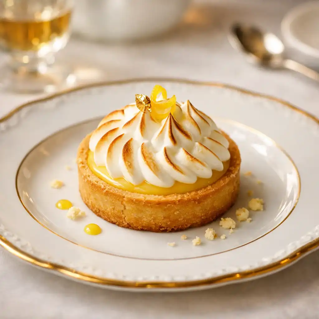 Dessert élégant, tarte au citron meringuée sur assiette en porcelaine
