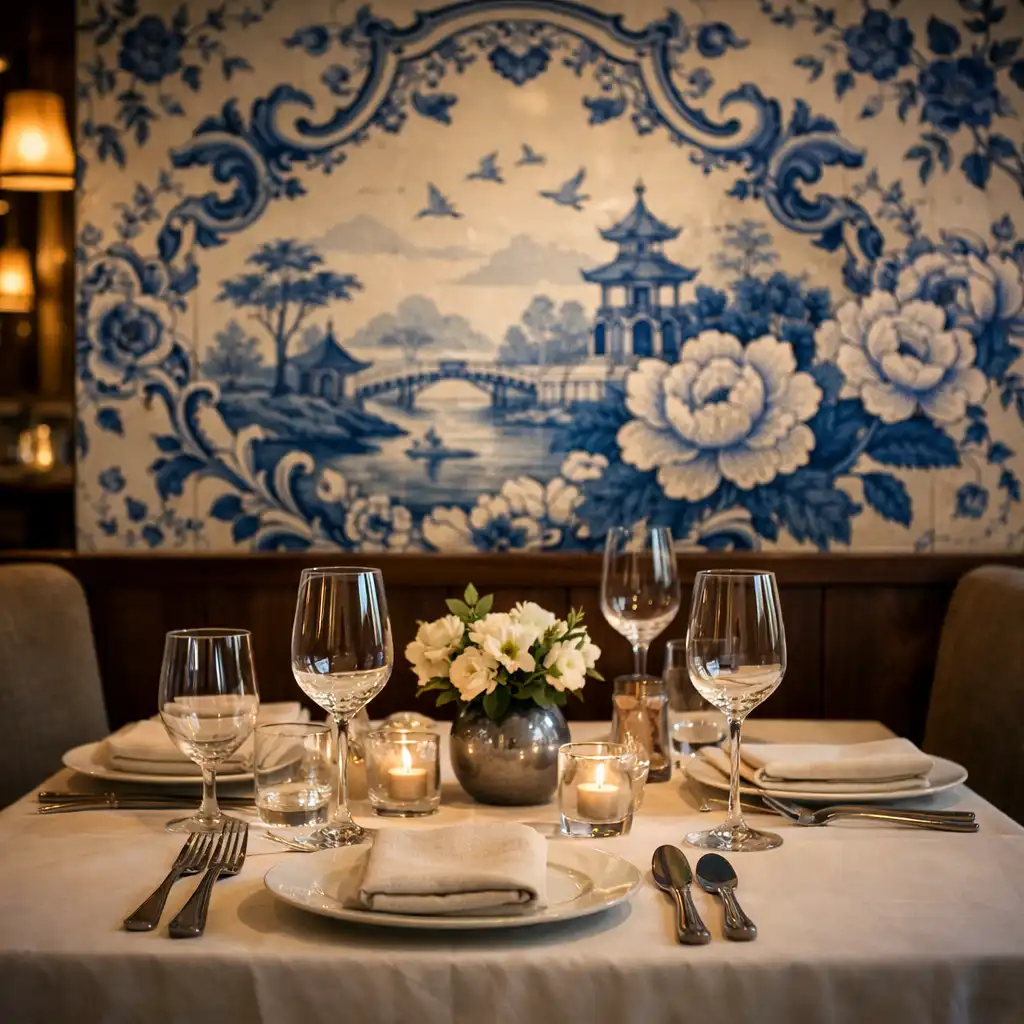 Intérieur du restaurant avec table dressée et décoration murale inspirée de la porcelaine