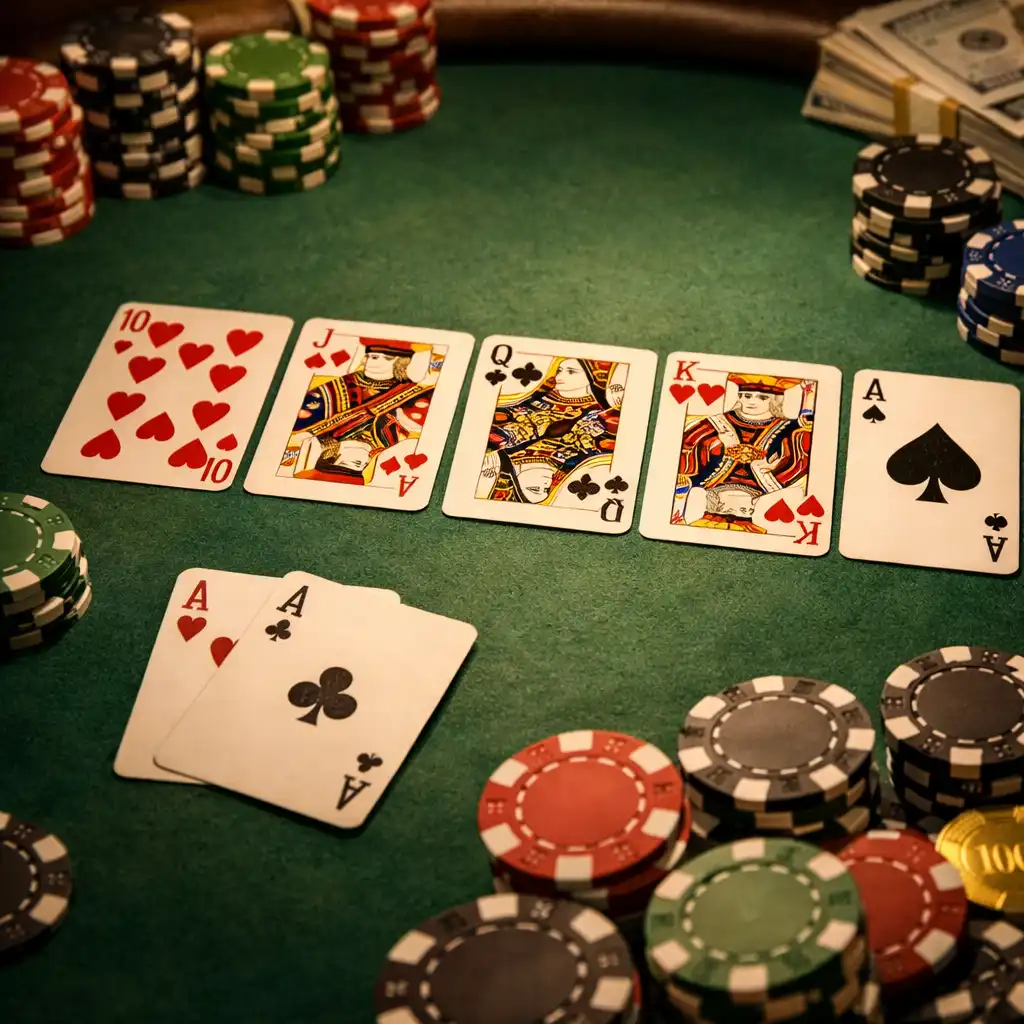 Gros plan sur une table de poker physique avec cartes et jetons