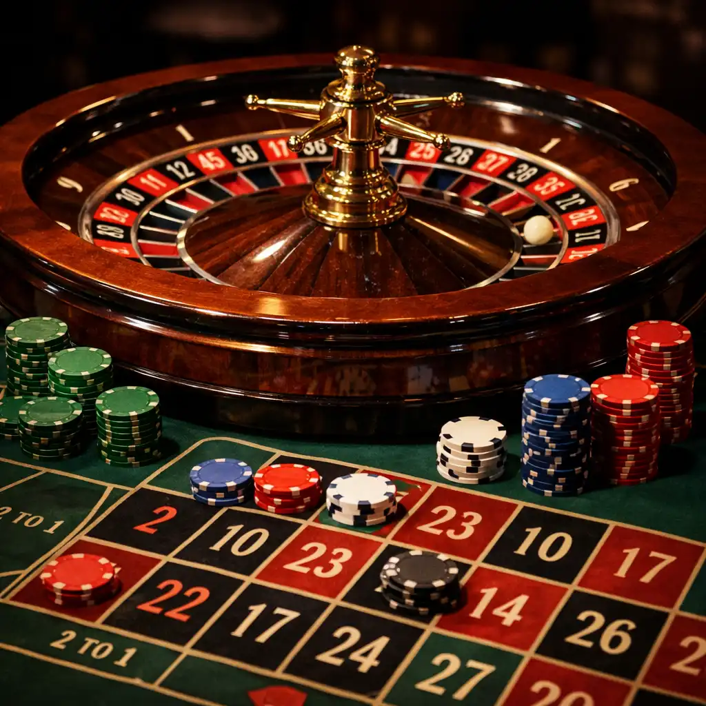 Gros plan sur une table de roulette physique avec la roue et les jetons