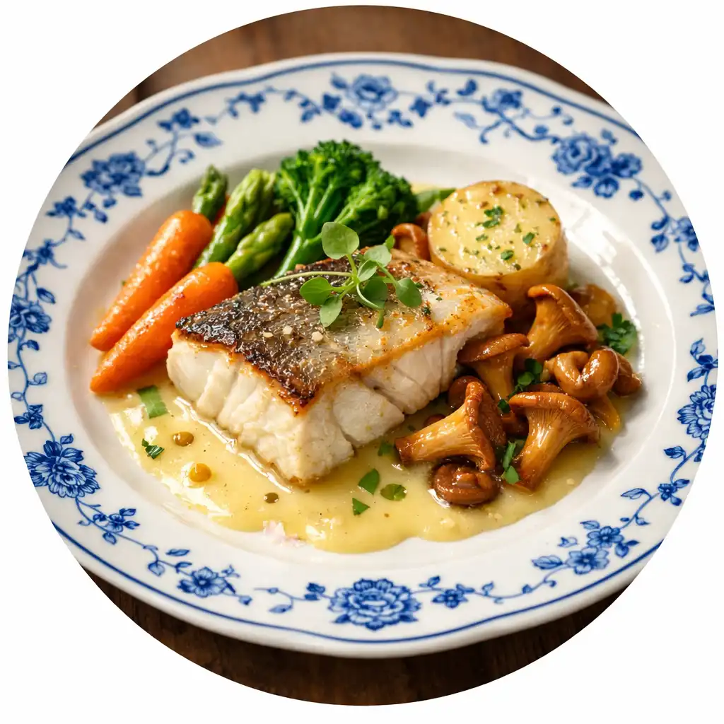 Plat gastronomique français servi sur une assiette en porcelaine