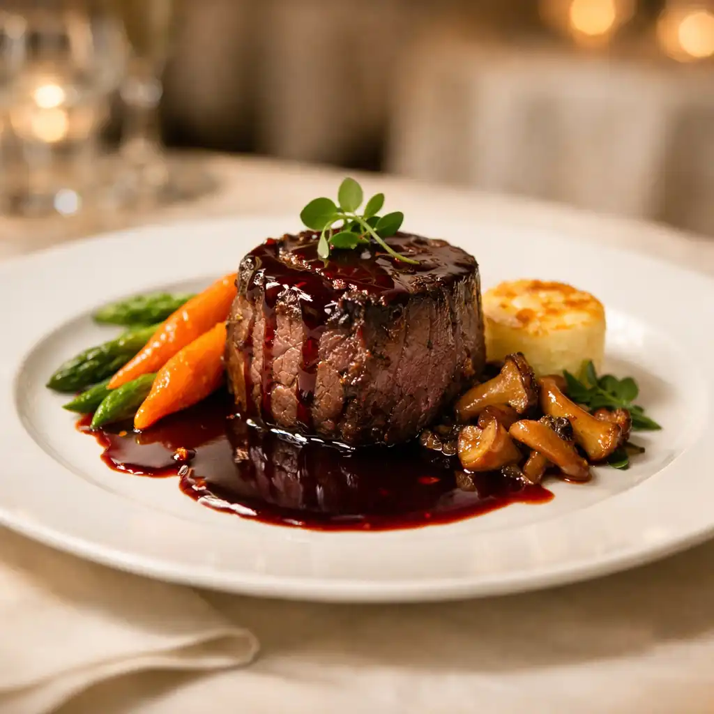 Plat gastronomique français élégant présenté sur une assiette en porcelaine blanche