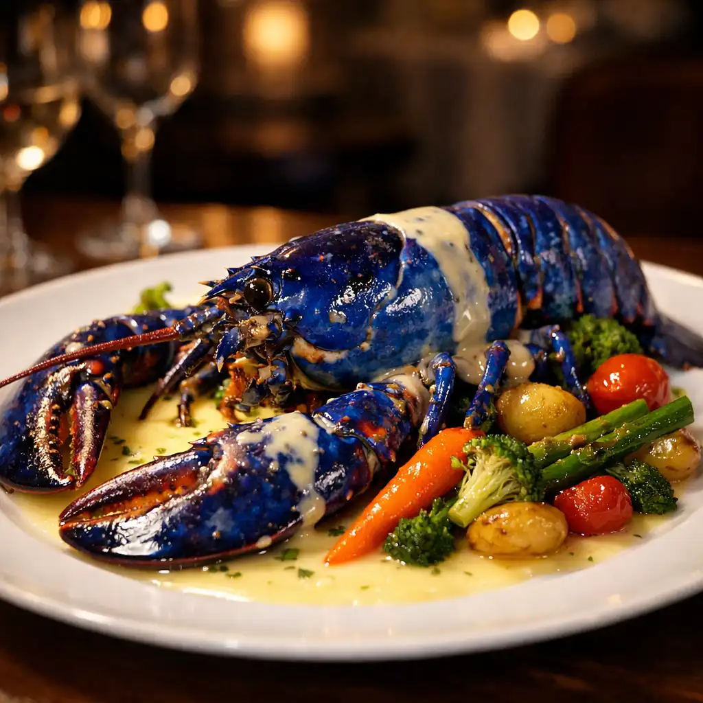 Homard bleu rôti, nappé de beurre blanc au Sancerre, accompagné de légumes croquants