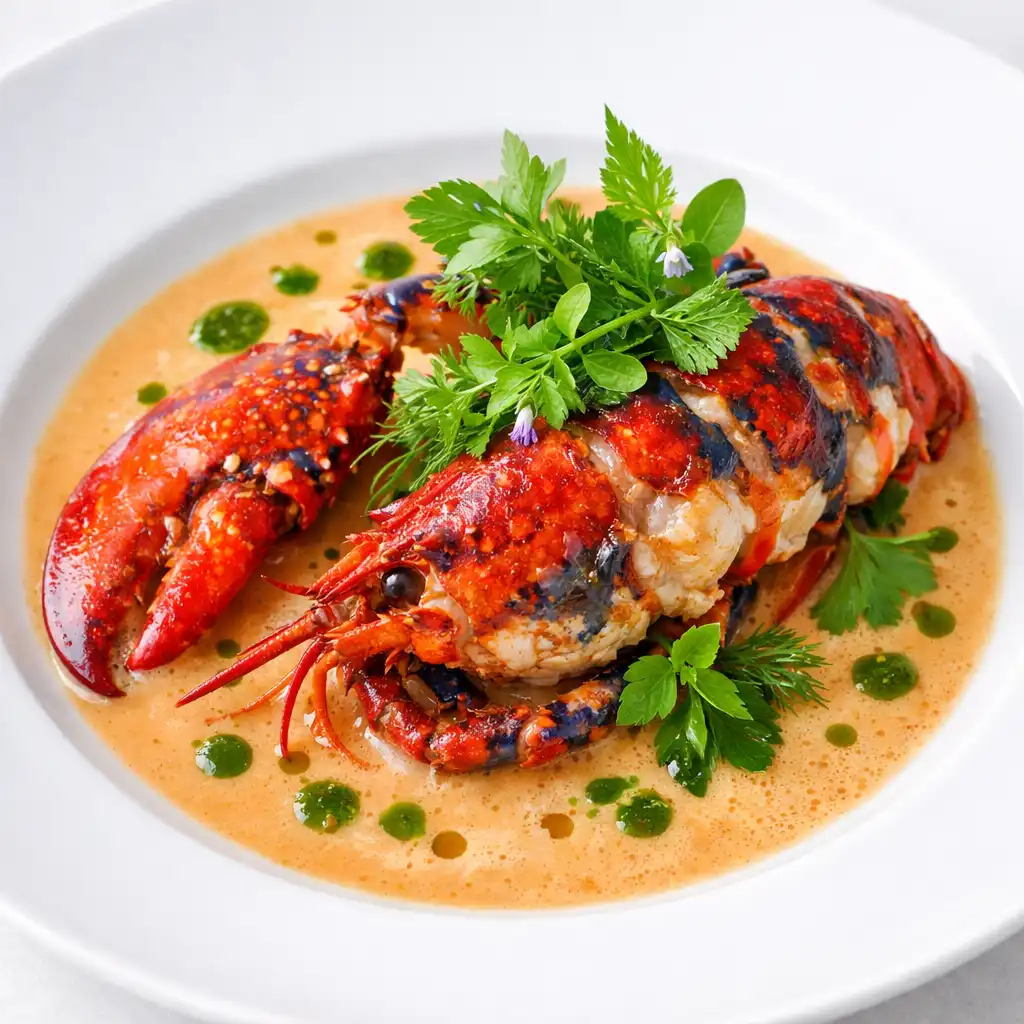 Homard bleu rôti au beurre demi-sel avec bisque légère