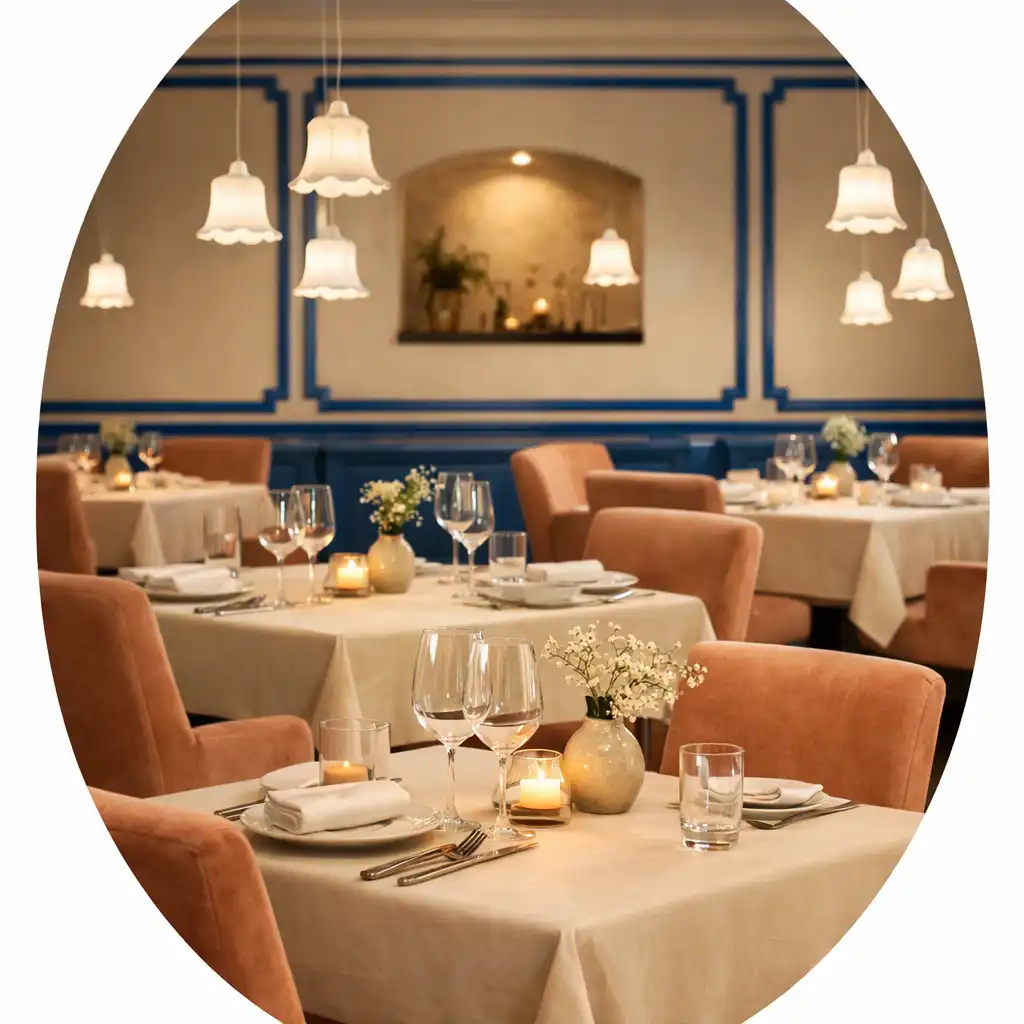 Vue d'ensemble de l'intérieur du restaurant avec tables en bois clair et luminaires en porcelaine
