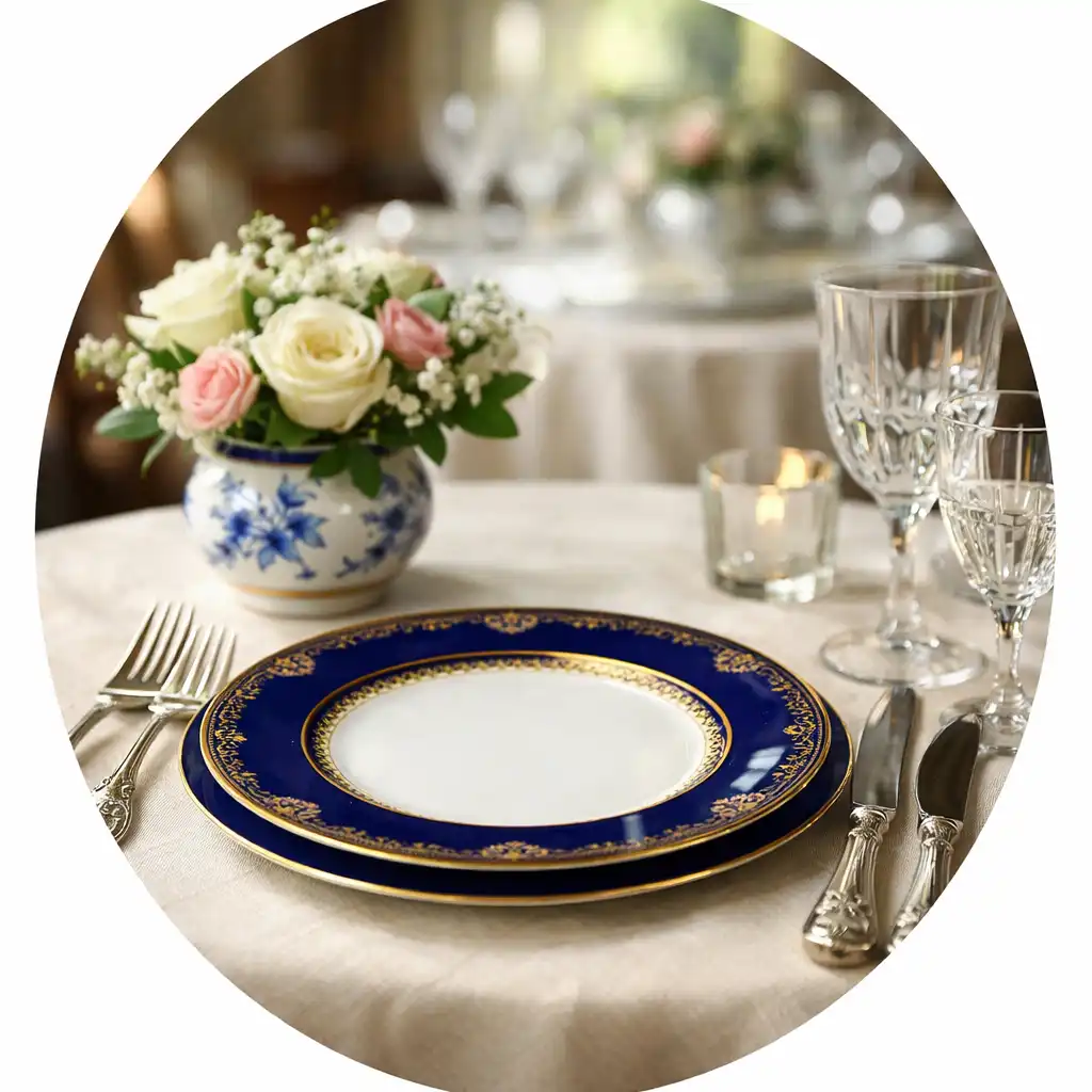 Détail d'une table dressée avec couverts en argent et composition florale