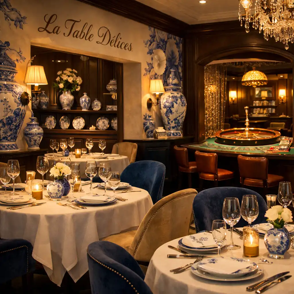 Intérieur élégant du restaurant La Table Délices avec vue subtile sur un espace de jeu