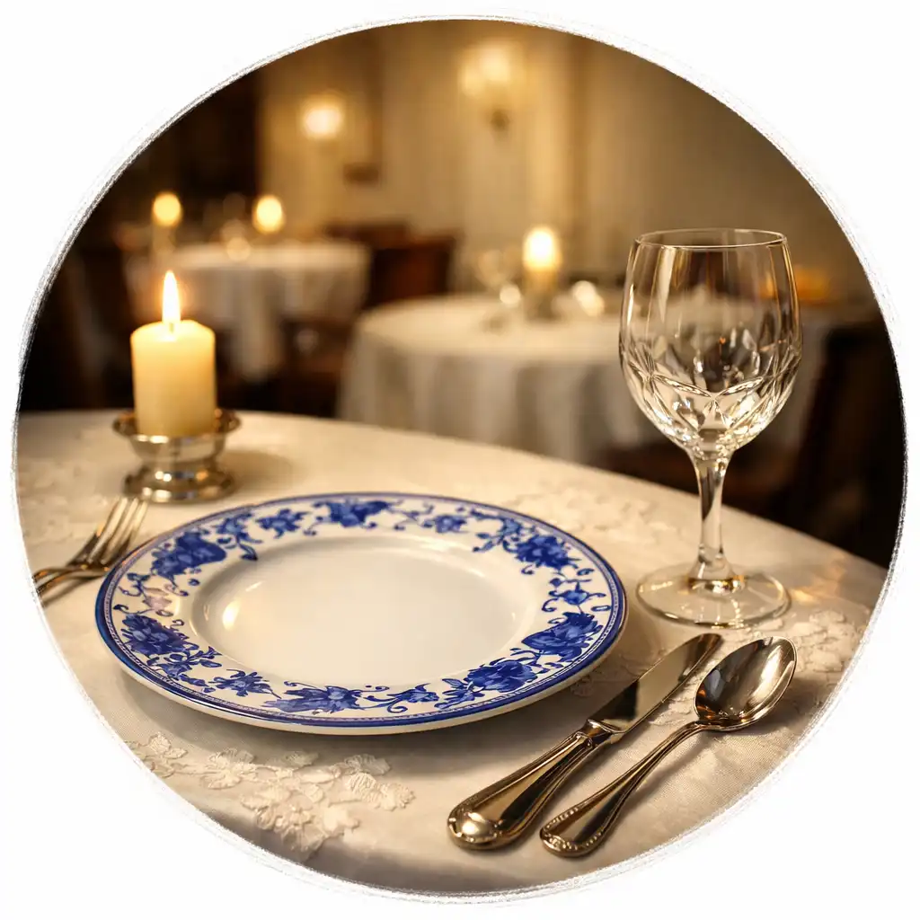 Gros plan sur une table dressée avec une assiette en porcelaine à motifs bleu cobalt et une bougie allumée