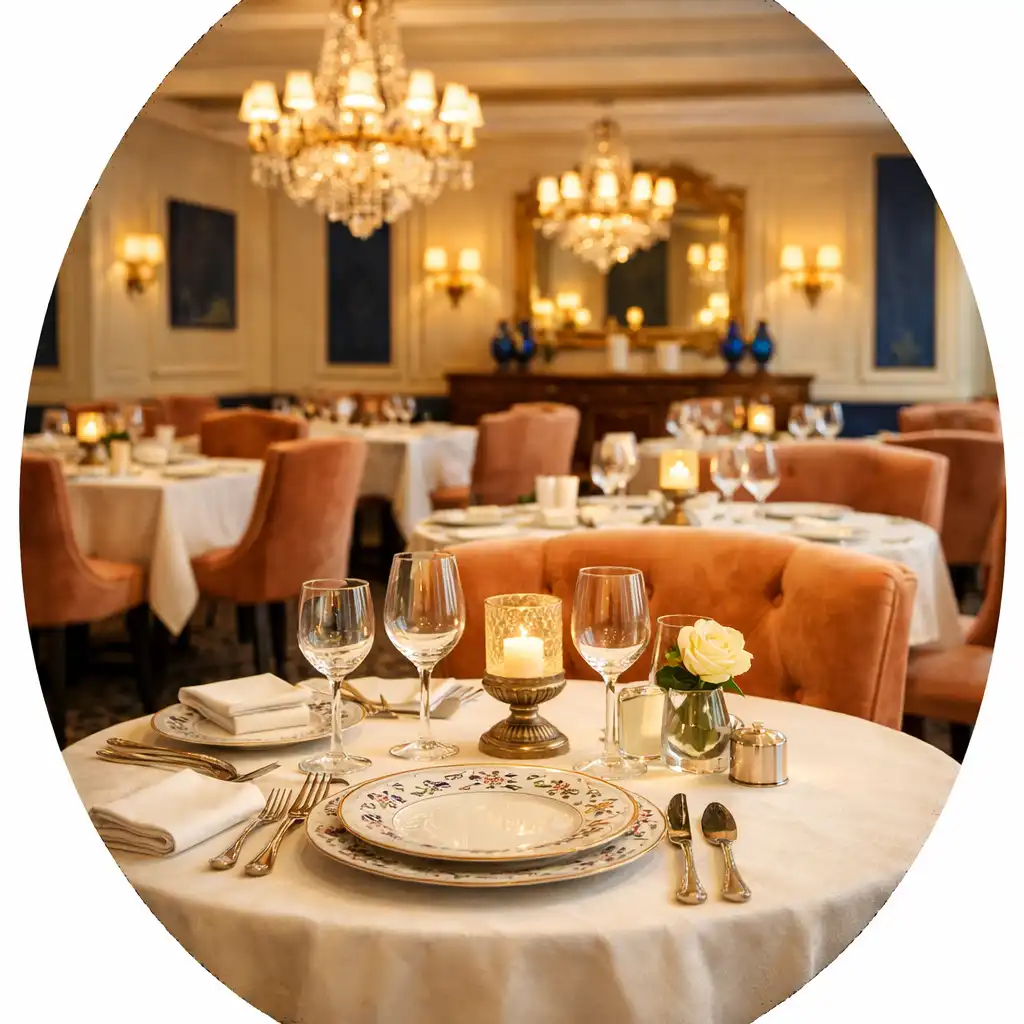 Vue de la salle principale de La Table Délices avec des tables élégamment dressées et un éclairage tamisé