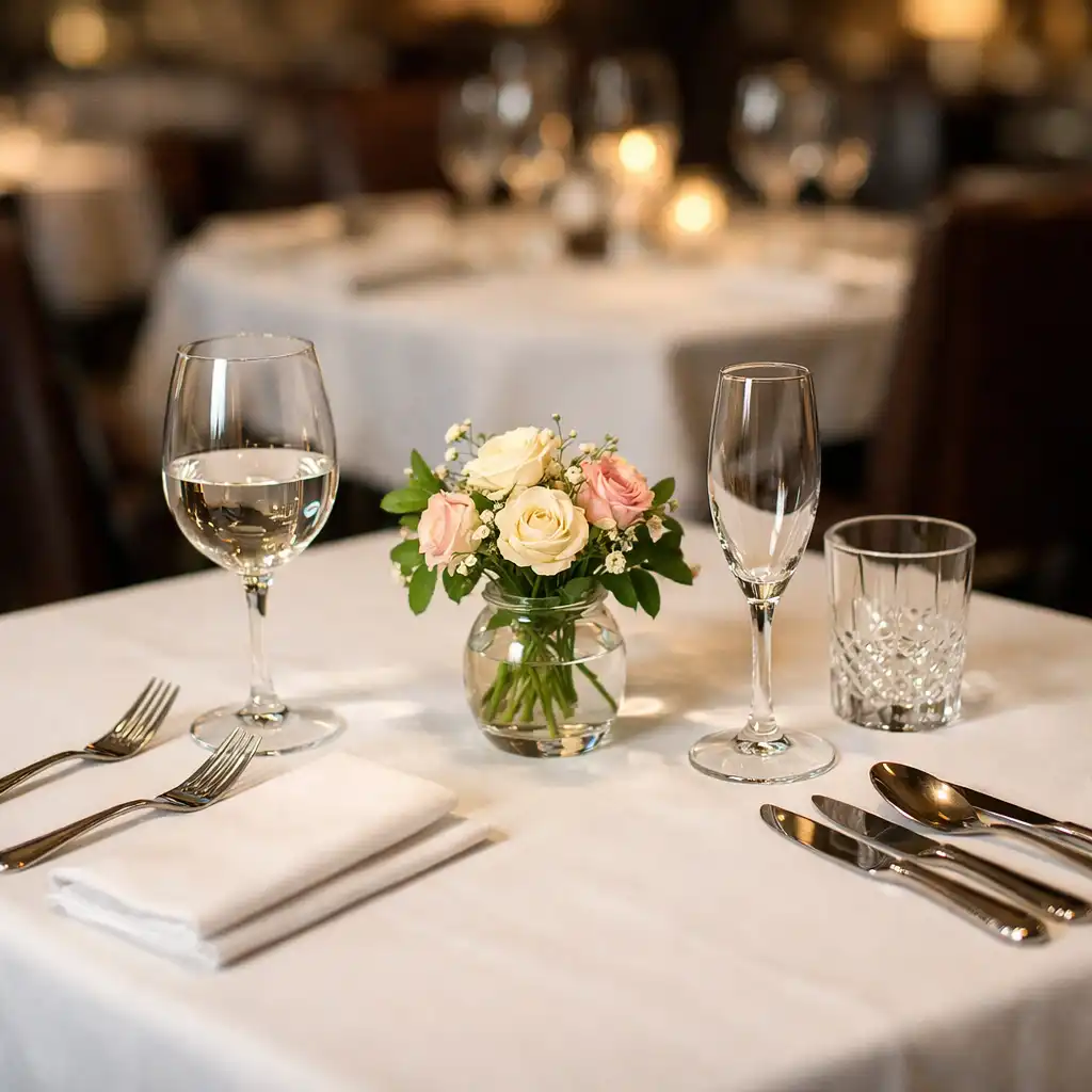 Détail d'une table dressée avec nappe blanche, couverts en argent et verres en cristal