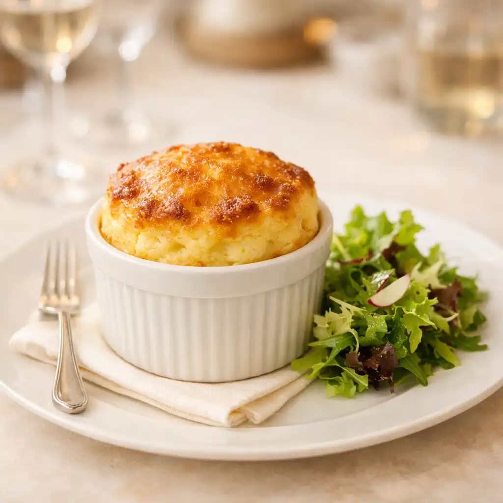 Soufflé au fromage doré servi dans un ramequin en porcelaine, plat signature de la carte