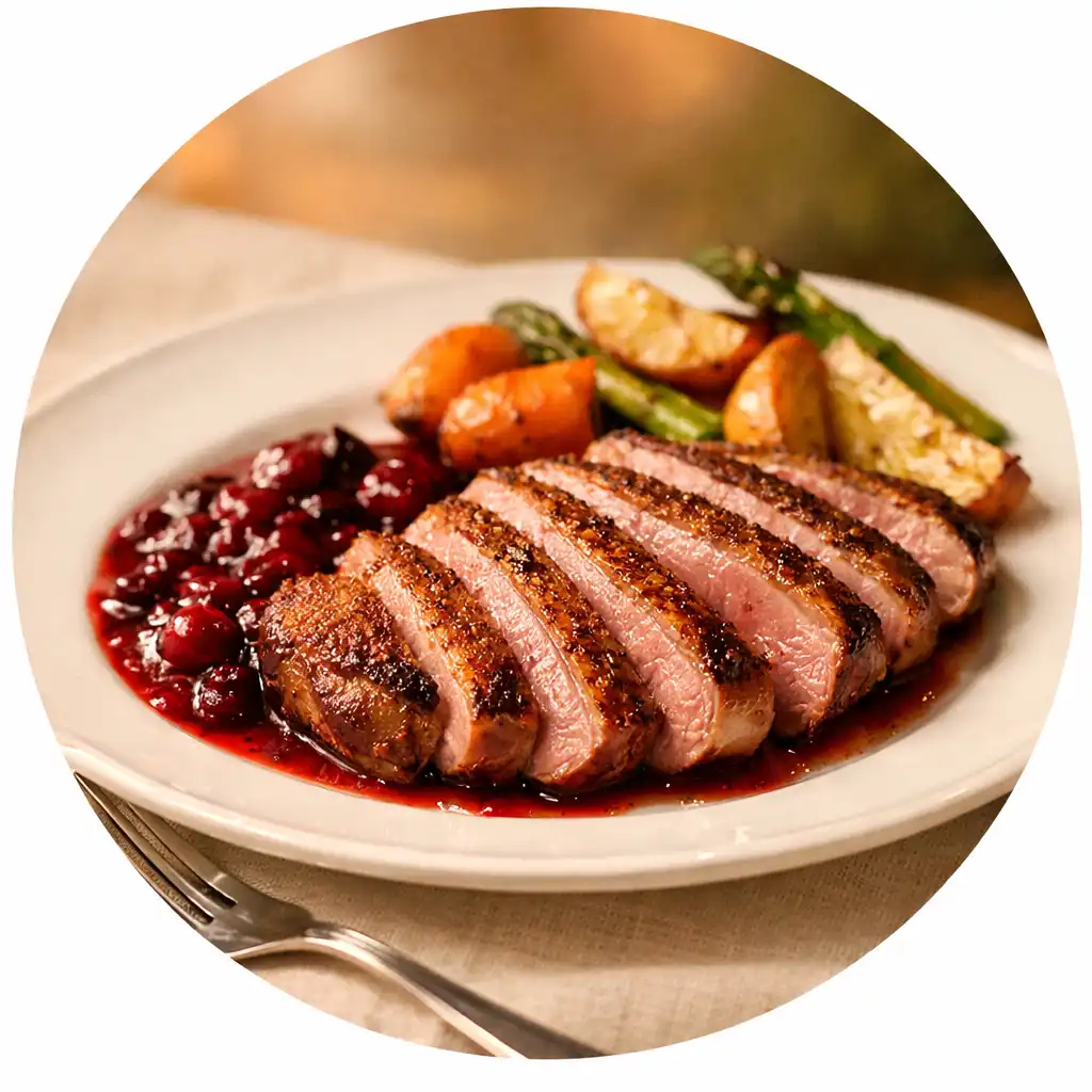 Magret de canard rôti avec sauce aux fruits rouges et légumes rôtis