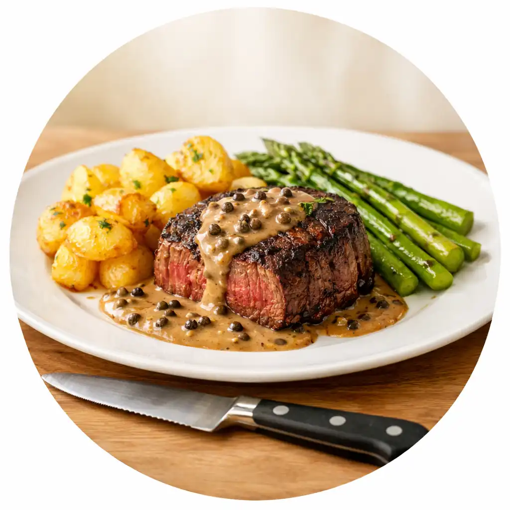 Filet de bœuf grillé avec sauce au poivre, pommes de terre fondantes et asperges vertes