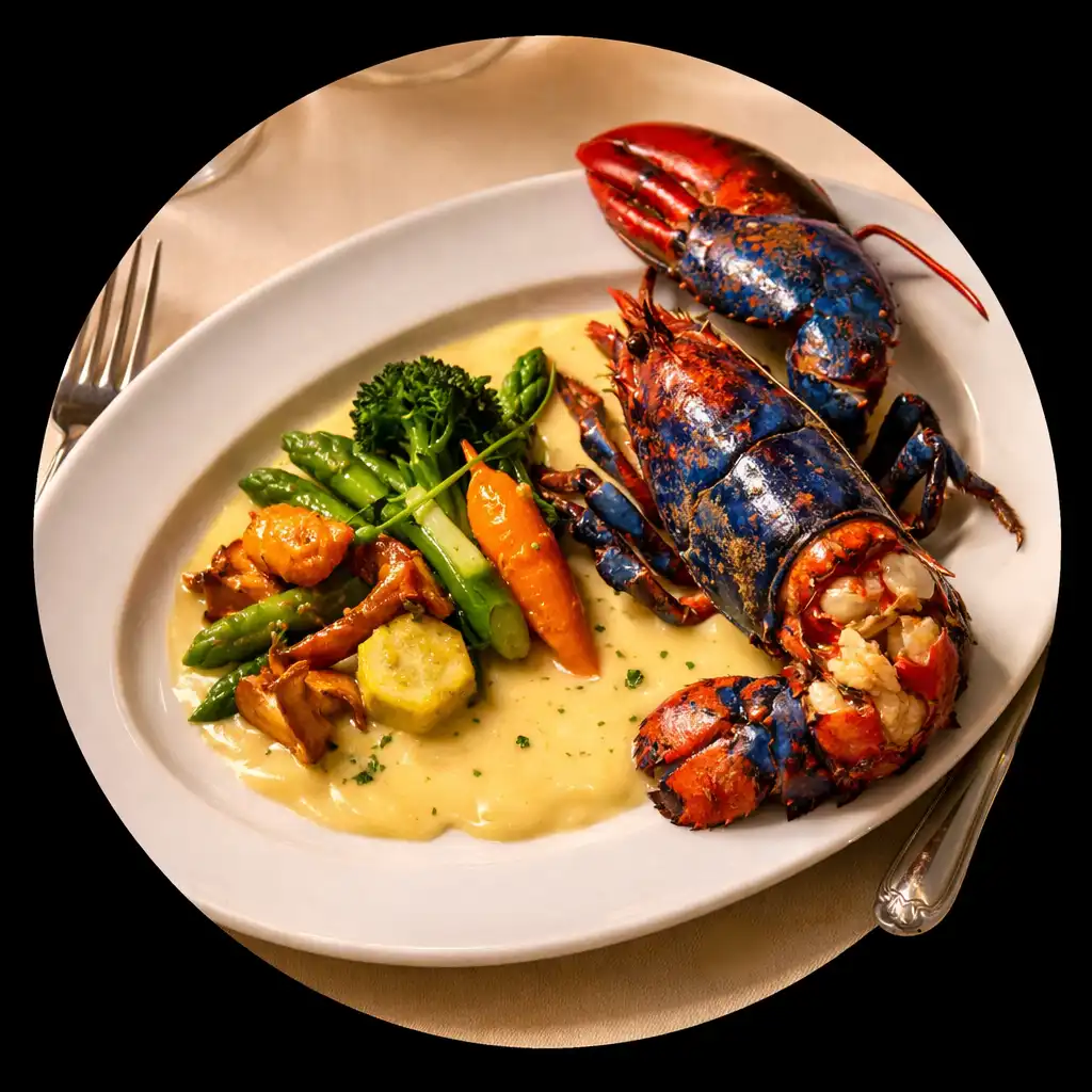 Homard bleu rôti avec beurre blanc et légumes de saison