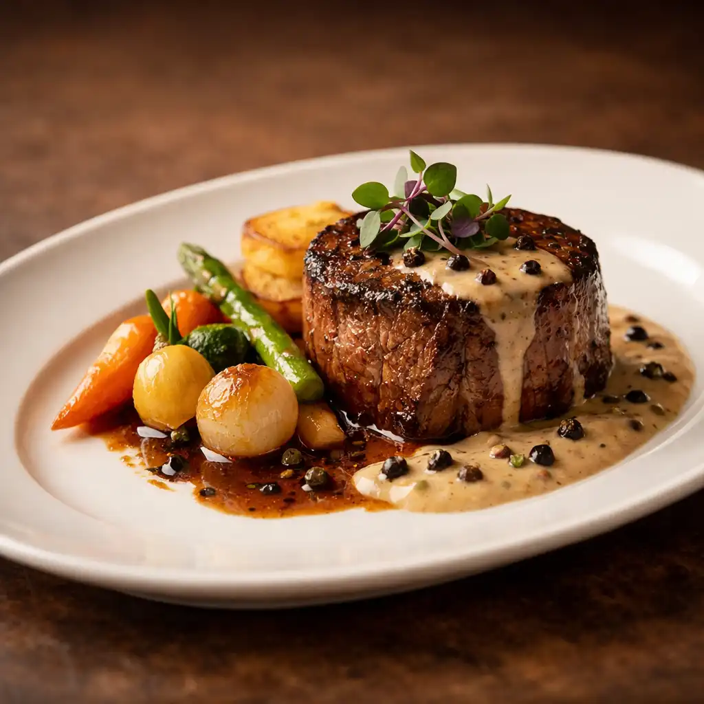 Plat signature de La Table Délices : filet de bœuf rôti avec sauce au poivre et légumes de saison