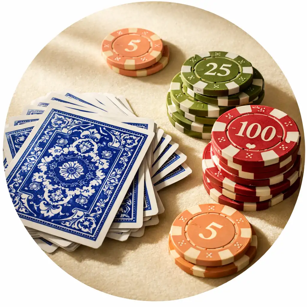 Cartes à jouer et jetons de poker sur feutrine ivoire