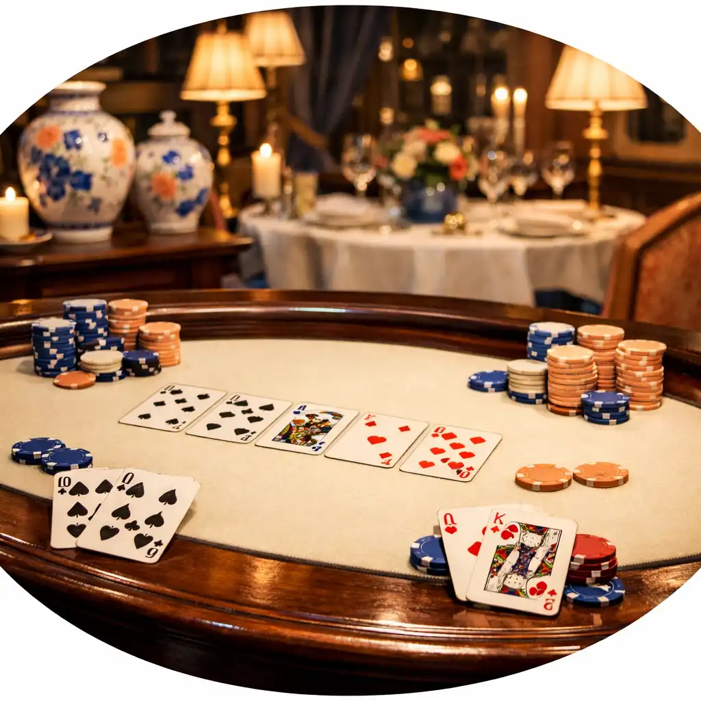 Table de poker physique avec cartes et jetons dans le restaurant gastronomique La Table Délices