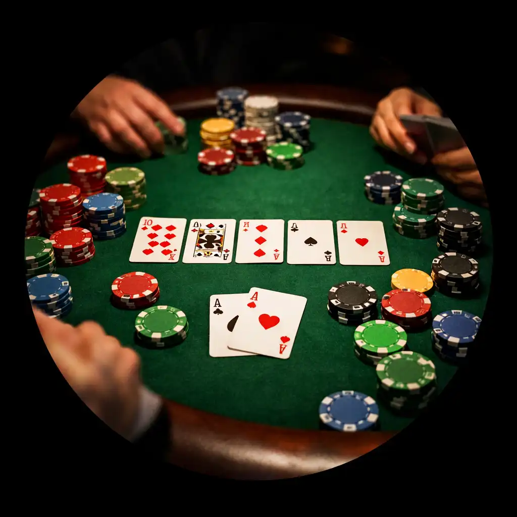 Table de poker physique avec cartes à jouer et jetons colorés