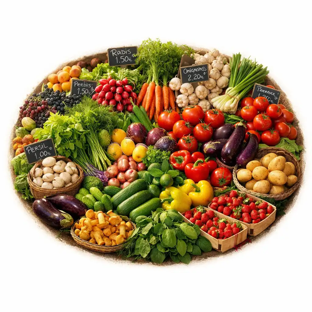 Étal de marché avec produits frais, légumes et herbes