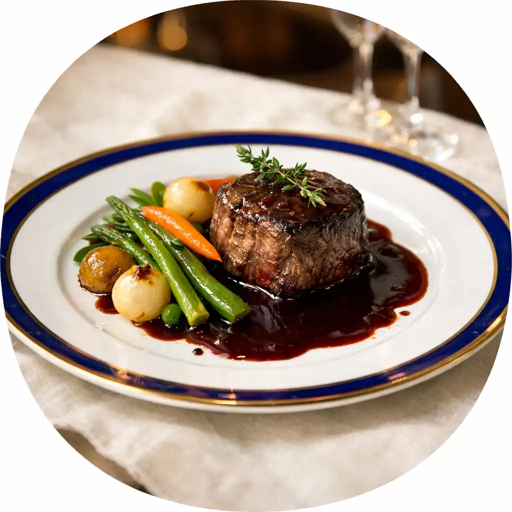 Plat gastronomique français servi sur une assiette en porcelaine blanche dans le restaurant La Table Délices