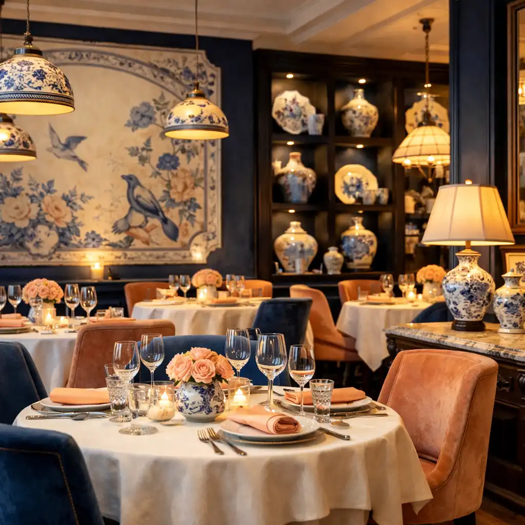 Intérieur du restaurant gastronomique La Table Délices avec tables dressées et décoration inspirée de la porcelaine