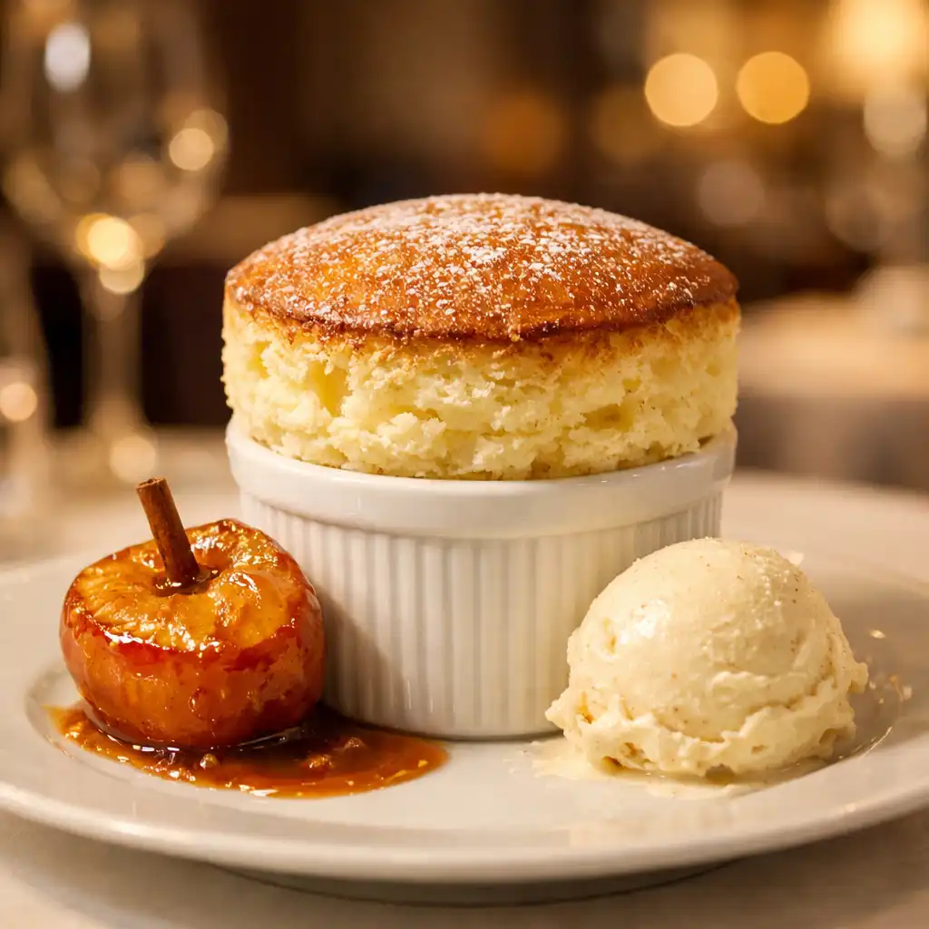 Soufflé au Calvados, pomme caramélisée et glace à la vanille de Madagascar