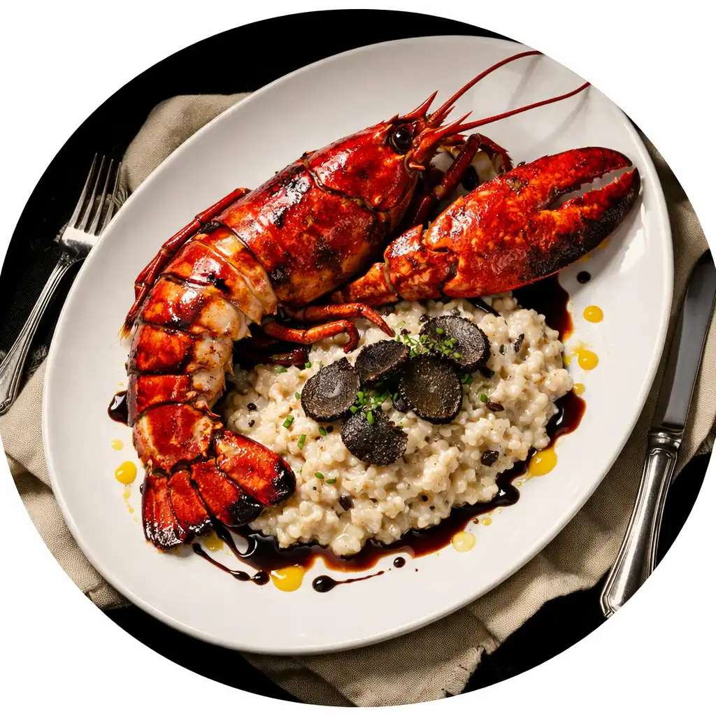 Homard bleu rôti avec risotto aux truffes, plat signature du chef